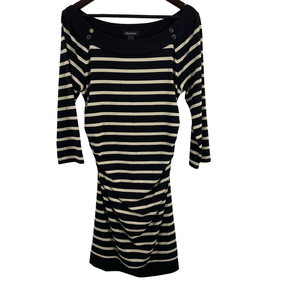 WHBM Dress Large Black Gold Stripe Rouching Boatneck‎ Mini